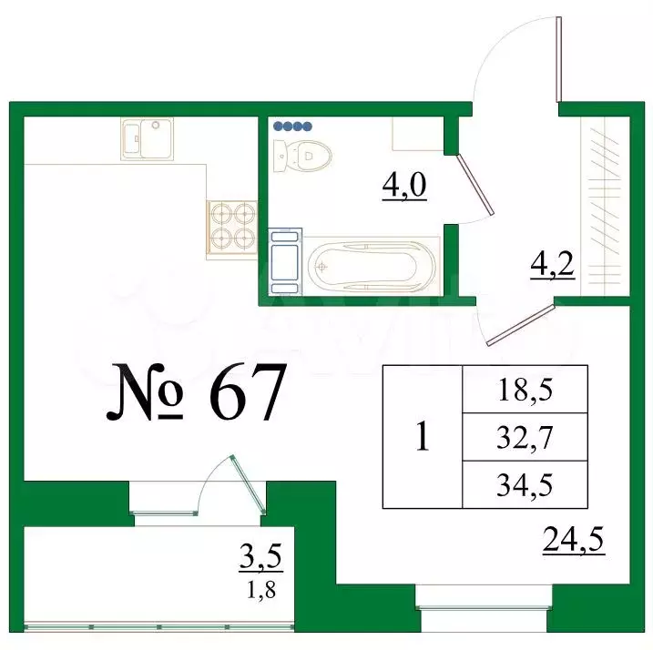 1-к. квартира, 34,5 м, 8/8 эт. - Фото 0