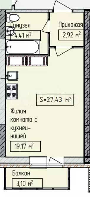 Квартира-студия, 27,4 м, 15/18 эт. - Фото 0