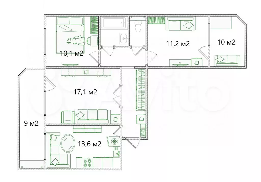 3-к. квартира, 71,5 м, 8/10 эт. - Фото 0