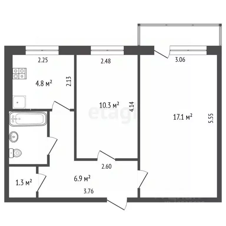 2-к кв. Татарстан, Альметьевск ул. Шевченко, 104 (43.6 м) - Фото 2