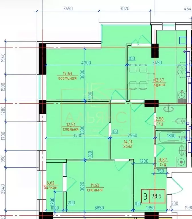 3-к кв. Северная Осетия, Владикавказ ул. Астана Кесаева, 44Б (80.0 м) - Фото 2