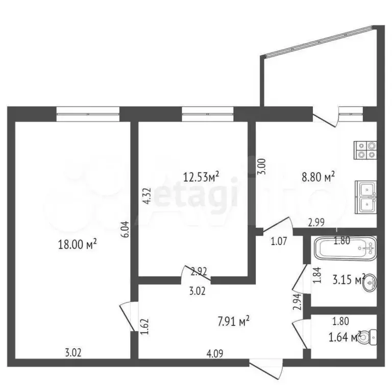 2-к. квартира, 52 м, 8/9 эт. - Фото 0