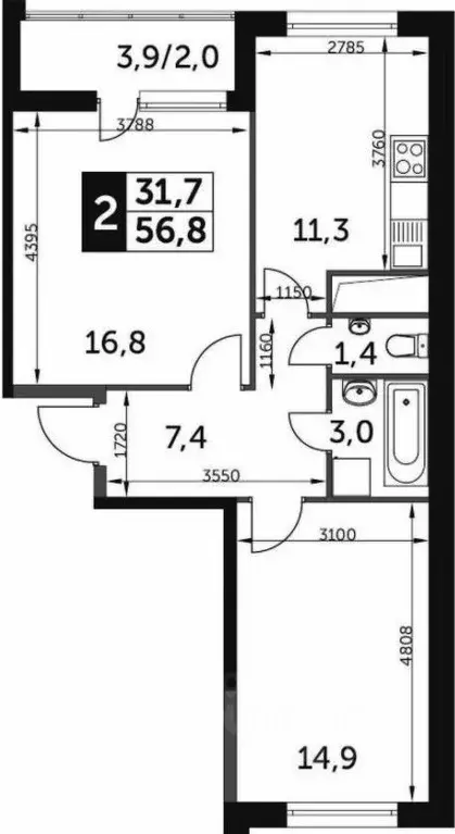 2-к кв. Московская область, Одинцово ул. Сколковская, 9Б (58.0 м) - Фото 1