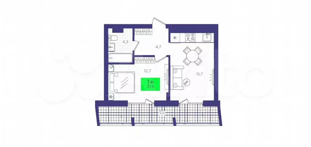1-к. квартира, 37,5 м, 5/9 эт. - Фото 1