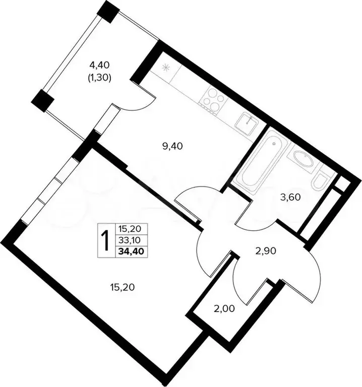 1-к. квартира, 34,4 м, 4/8 эт. - Фото 1