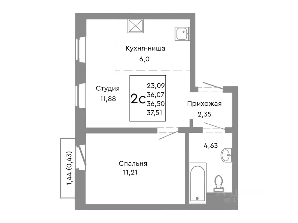 2-к кв. Челябинская область, Челябинск Нефтебазовая ул., 1-13 (36.5 м) - Фото 1