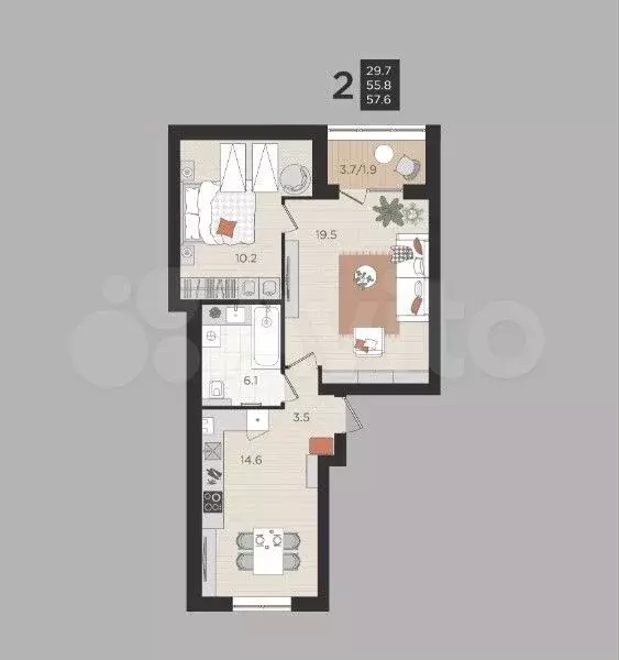 2-к. квартира, 55,8 м, 4/4 эт. - Фото 1