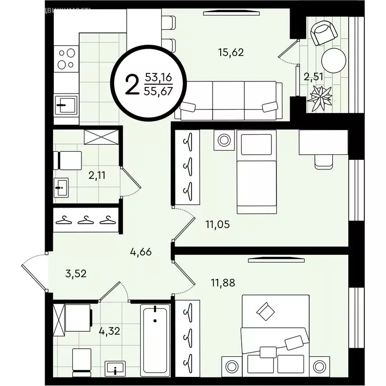 2-комнатная квартира: Тюмень, улица Александра Звягина, 4 (55.67 м) - Фото 1
