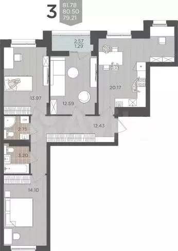 3-к. квартира, 80,5 м, 9/9 эт. - Фото 1