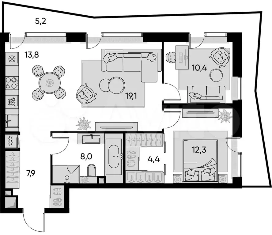 2-к. квартира, 81 м, 8/22 эт. - Фото 1