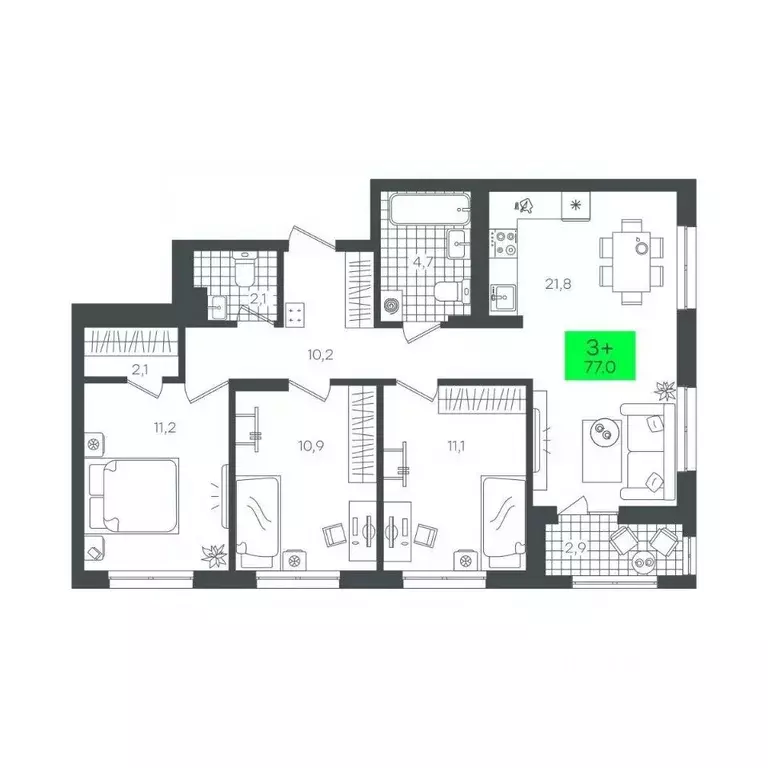 3-к кв. Тюменская область, Тюмень Комарово Парк жилрайон,  (77.0 м) - Фото 1