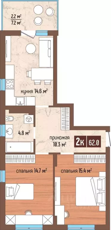 2-к кв. Калининградская область, Светлогорск Ольховая ул., 32к11 (62.0 ... - Фото 1