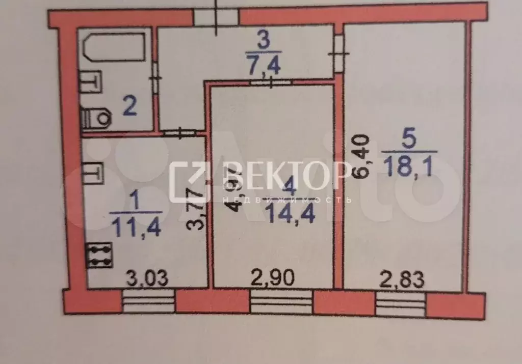 2-к. квартира, 54,4 м, 2/5 эт. - Фото 0