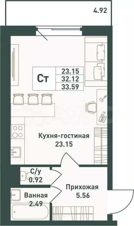 Квартира-студия, 33,6 м, 10/16 эт. - Фото 0