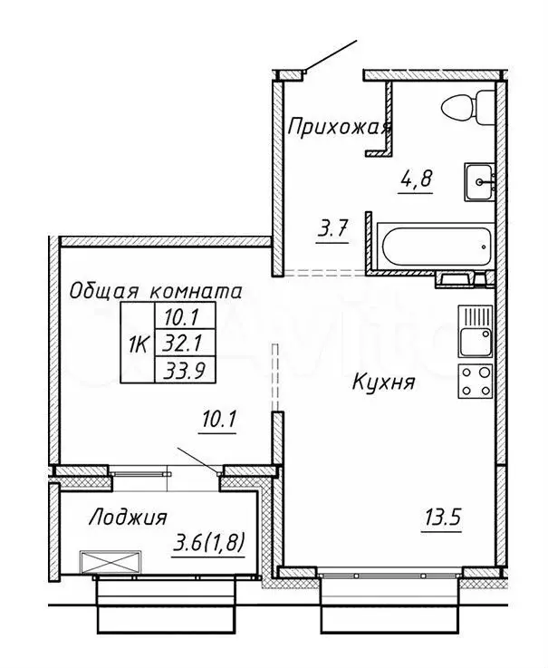 1-к. квартира, 33,9 м, 7/9 эт. - Фото 0