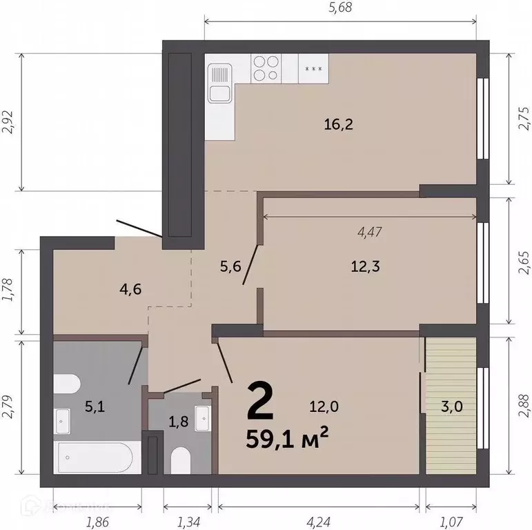 Продаётся 2-к квартира, 58 м - Фото 1