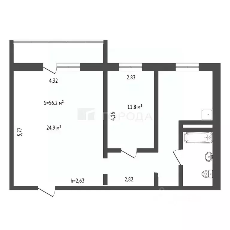 2-к кв. Кемеровская область, Новокузнецк Горьковская ул., 45 (56.2 м) - Фото 1