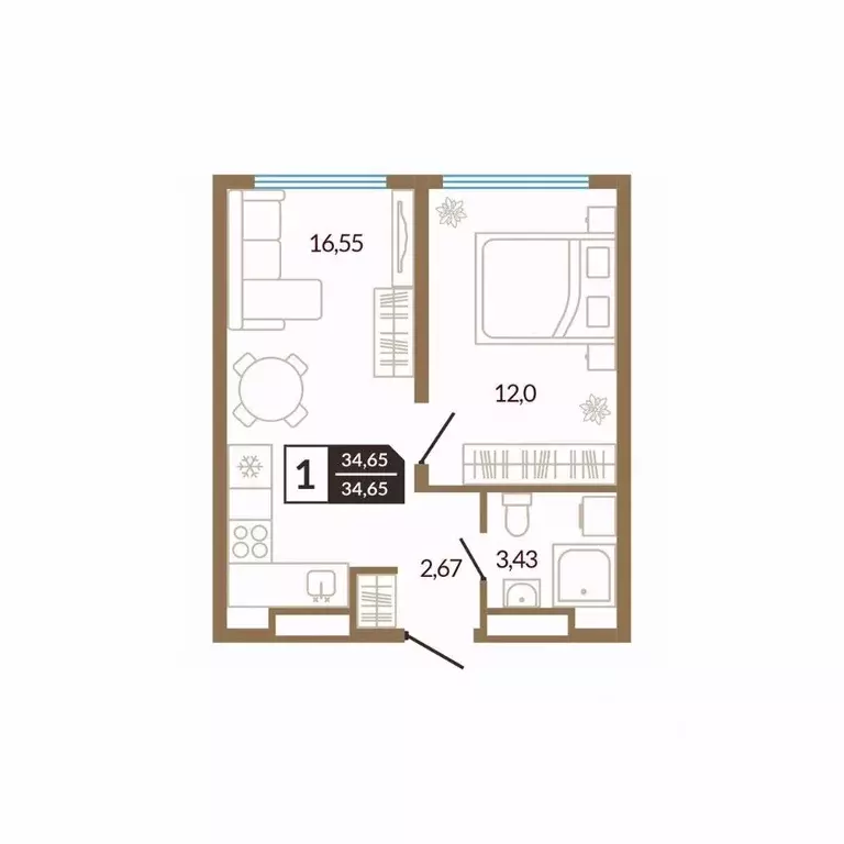 1-к кв. Тюменская область, Тюмень Концепт жилой комплекс (34.65 м) - Фото 1