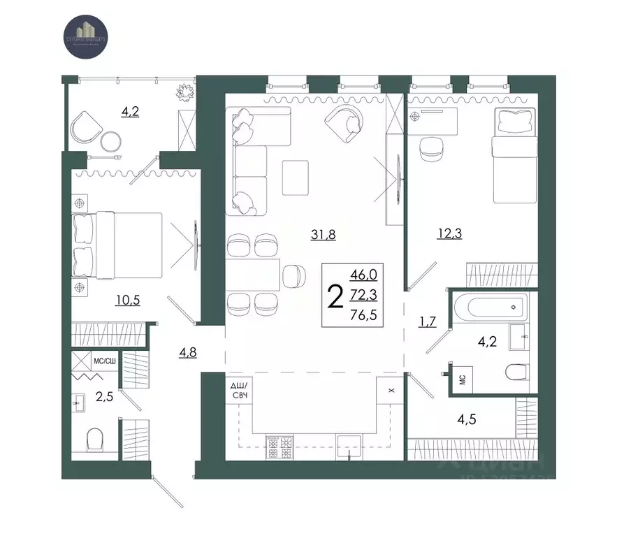 2-к кв. Смоленская область, Смоленск ул. 2-я Киевская, 20Ак1 (76.5 м) - Фото 1