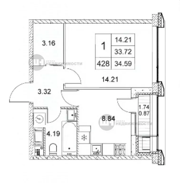 1-к кв. Санкт-Петербург ул. Челюскина, 8 (34.59 м) - Фото 1