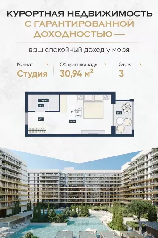 Студия Краснодарский край, Анапа Мореград жилой комплекс (30.94 м) - Фото 0