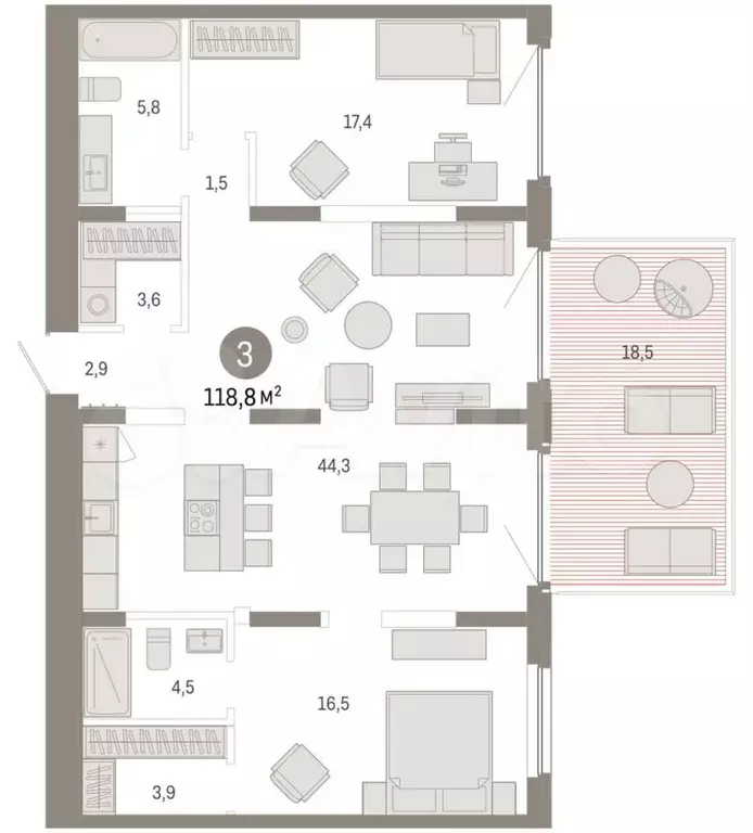 3-к. квартира, 118,8 м, 2/16 эт. - Фото 1