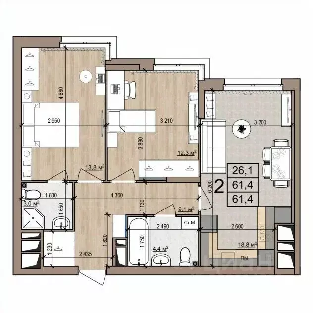 2-к кв. Рязанская область, Рязань ул. Новоселов, 33Б (61.4 м) - Фото 1
