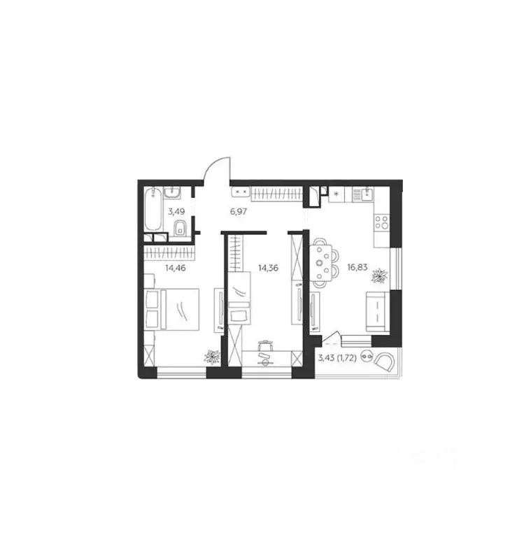 2-к кв. Краснодарский край, Краснодар  (57.83 м) - Фото 1