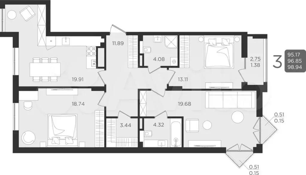 3-к. квартира, 69,9 м, 8/9 эт. - Фото 0