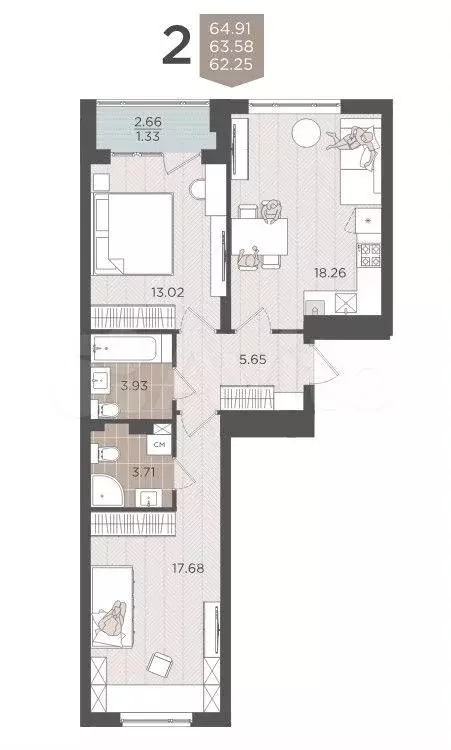 2-к. квартира, 64,9 м, 1/9 эт. - Фото 1