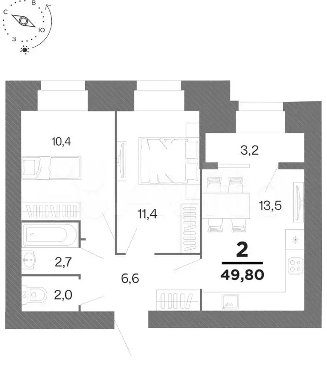 2-к. квартира, 49,8 м, 15/16 эт. - Фото 0