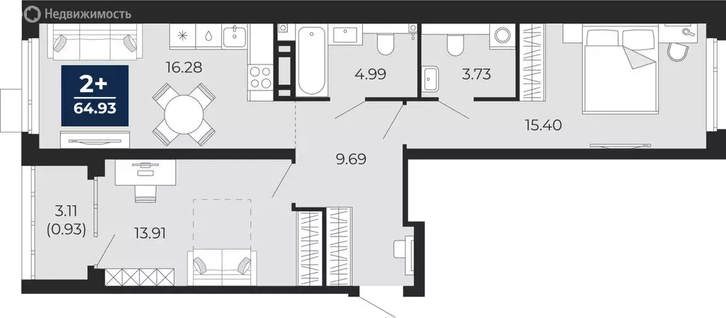 2-комнатная квартира: Тюмень, Арктическая улица, 16 (64.93 м) - Фото 1