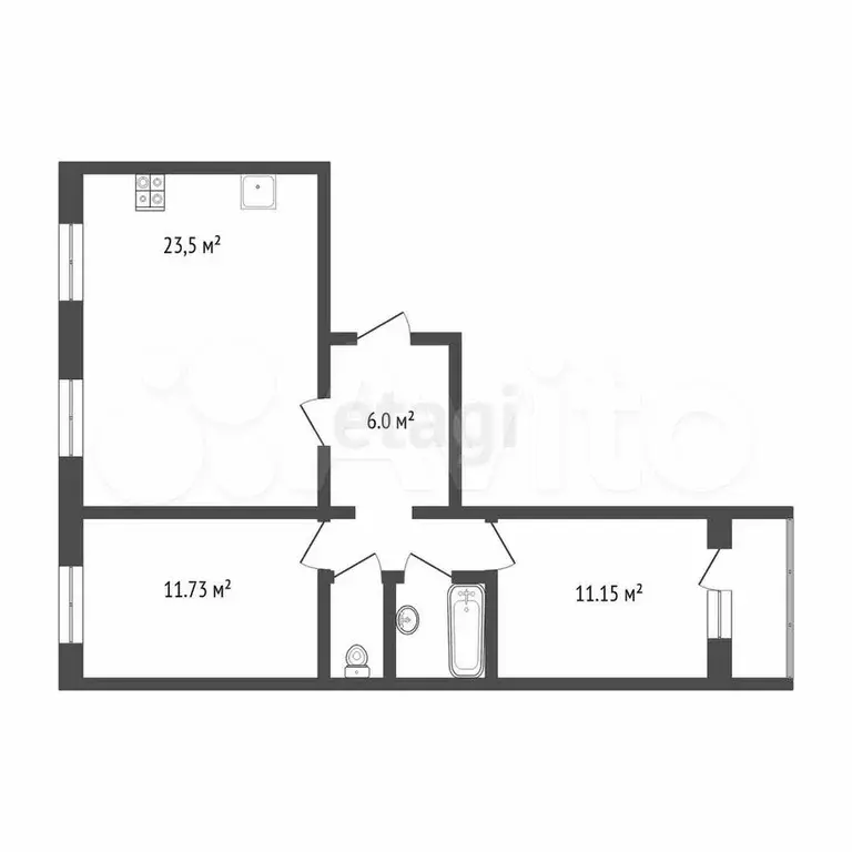 2-к. квартира, 59,6 м, 1/5 эт. - Фото 0