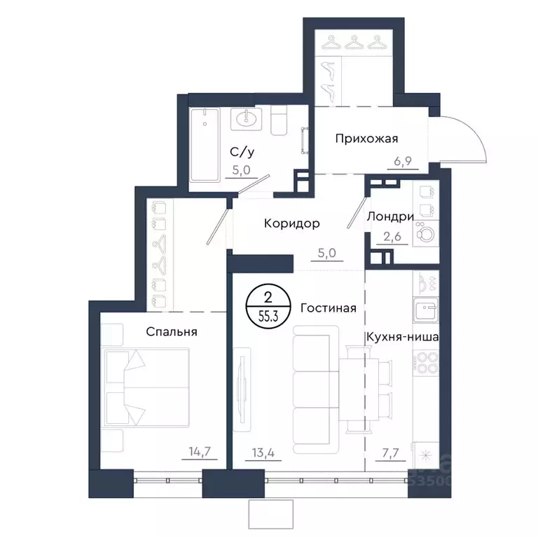 2-к кв. Красноярский край, Красноярск Чижи жилой комплекс (55.3 м) - Фото 1