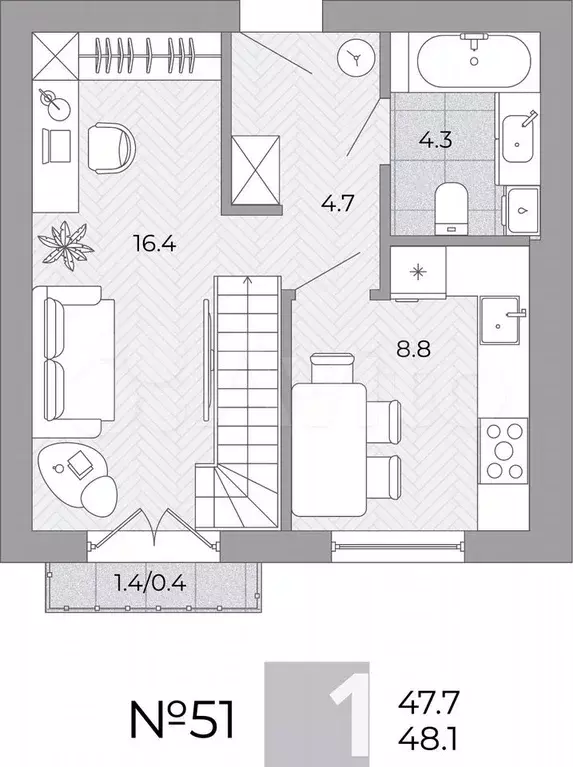 1-к. квартира, 48,1 м, 4/4 эт. - Фото 0