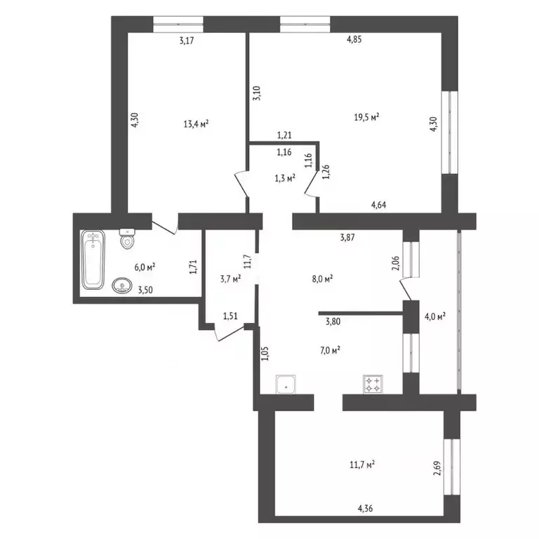 3-к кв. Башкортостан, Уфа ул. Красина, 19 (70.8 м) - Фото 2