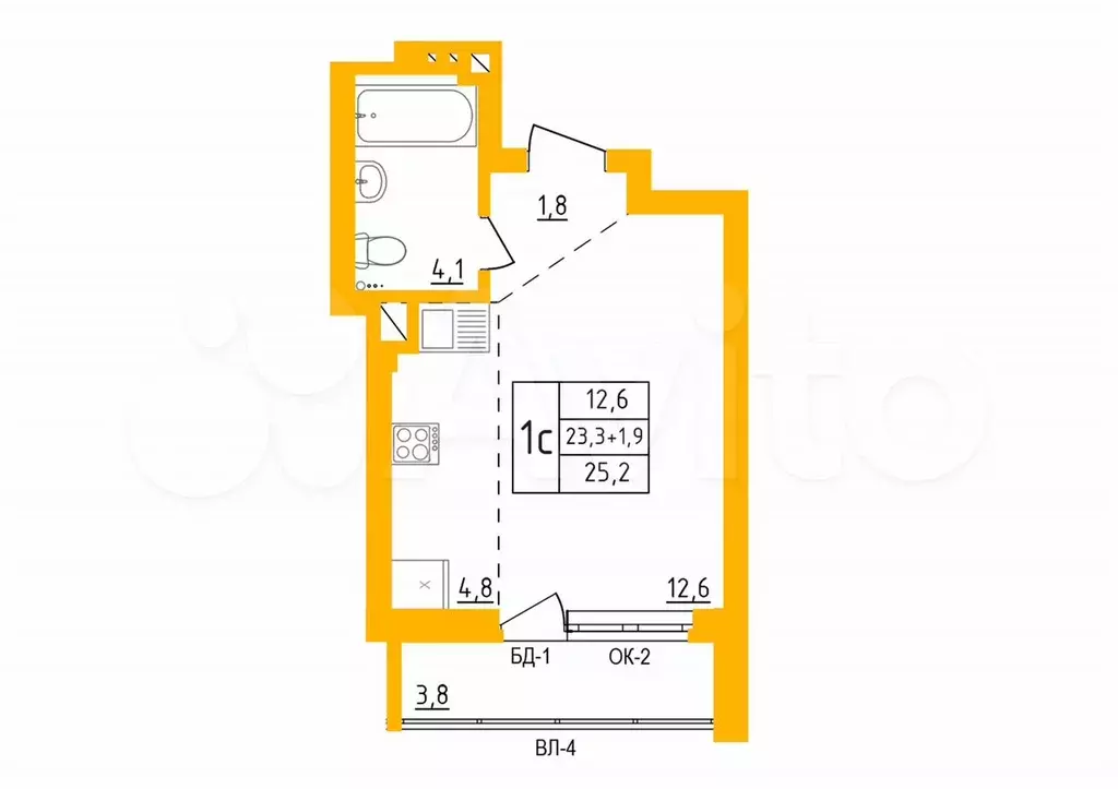 Квартира-студия, 25,3 м, 5/27 эт. - Фото 1