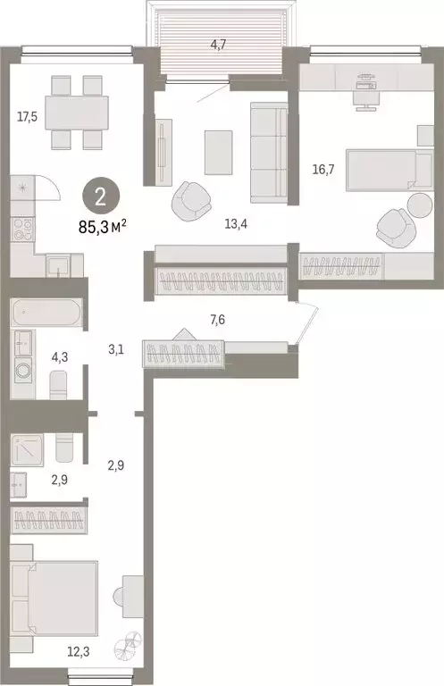 2-комнатная квартира: Тюмень, Мысовская улица, 26к1 (85.32 м) - Фото 1