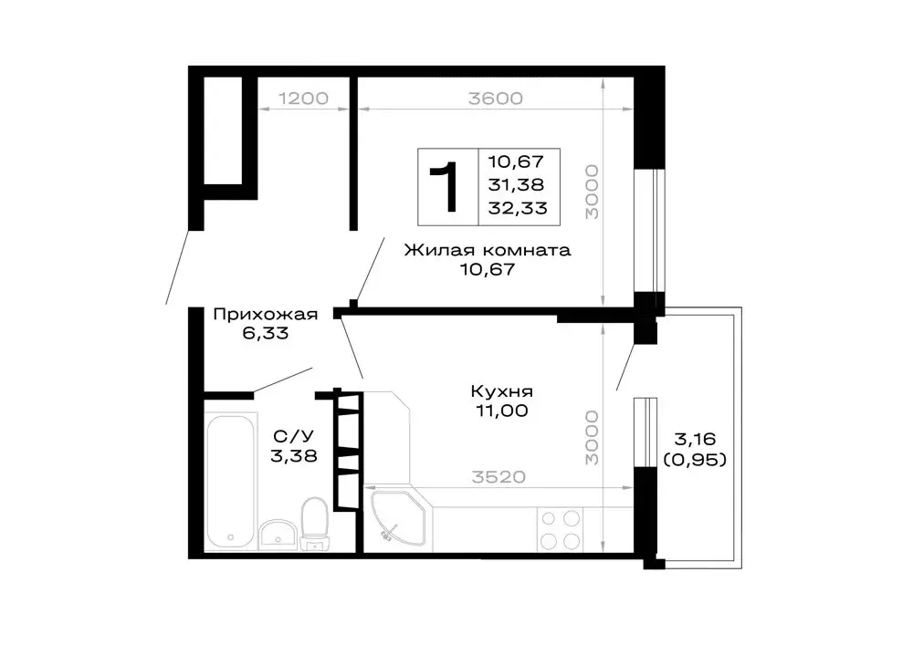 1-комнатная квартира: Республика Адыгея (Адыгея), Майкоп (32.33 м) - Фото 1