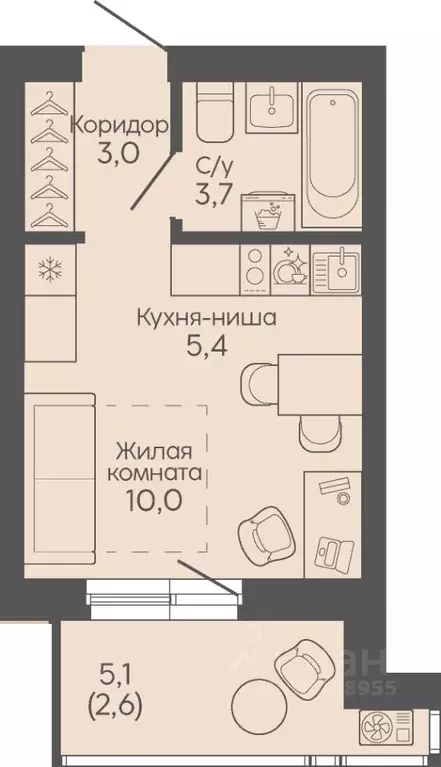 Студия Волгоградская область, Волгоград Трехгорная ул., 27 (24.7 м) - Фото 1