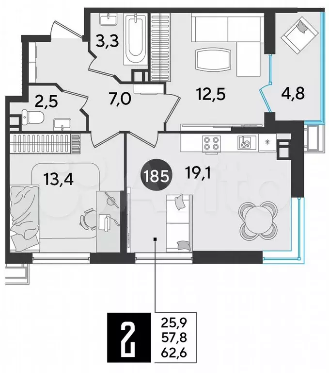 2-к. квартира, 62,6 м, 5/9 эт. - Фото 1