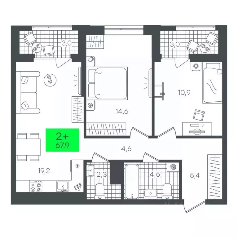 2-к кв. Тюменская область, Тюмень ул. Николая Глебова, 10 (67.98 м) - Фото 0