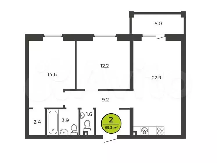 2-к. квартира, 69,3м, 1/9эт. - Фото 1