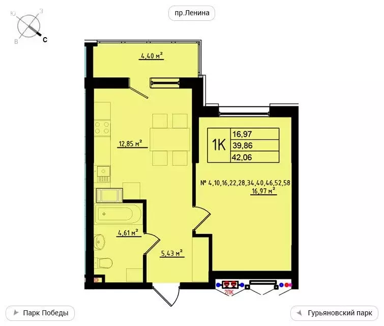 1-комнатная квартира: Обнинск, улица Мира, 2 (42.06 м) - Фото 1