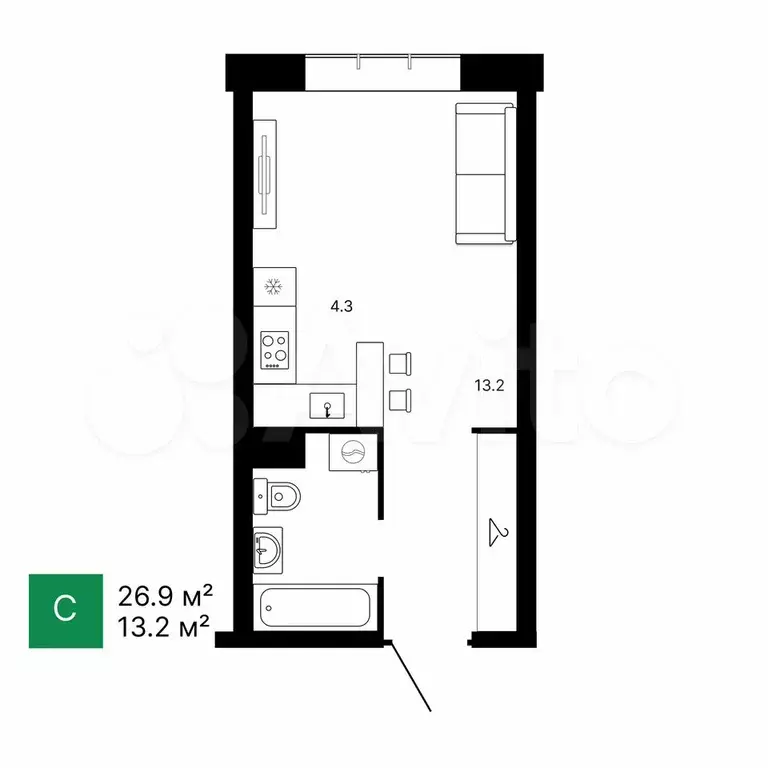 Квартира-студия, 26,9 м, 7/14 эт. - Фото 0