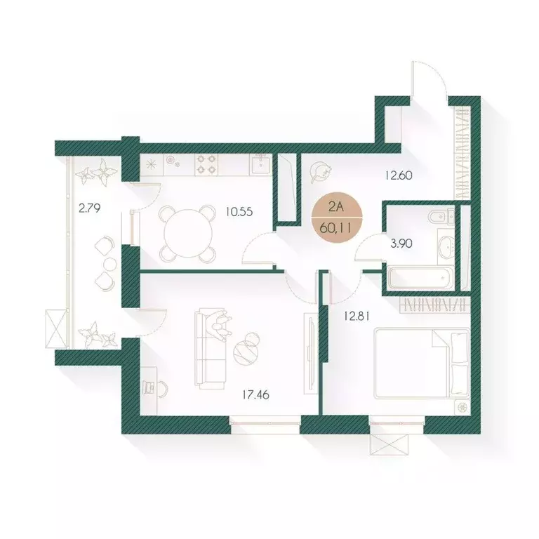 2-к кв. Татарстан, Казань ул. Родины, 20/2 (60.11 м) - Фото 1