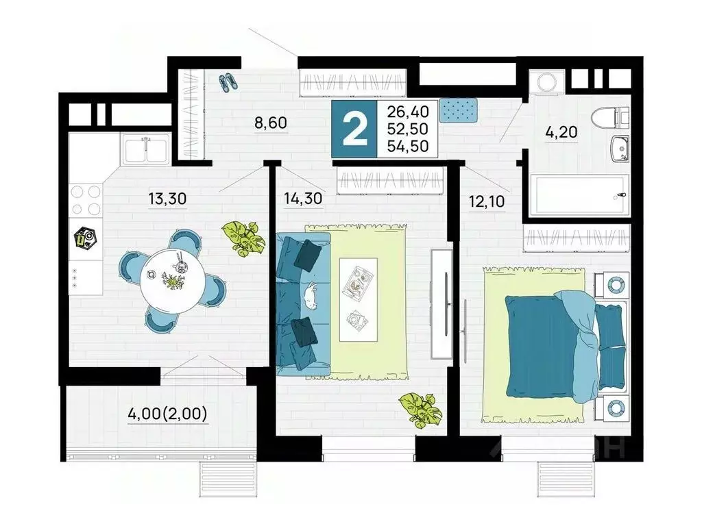 2-к кв. Адыгея, Тахтамукайский район, Яблоновский пгт  (54.5 м) - Фото 1