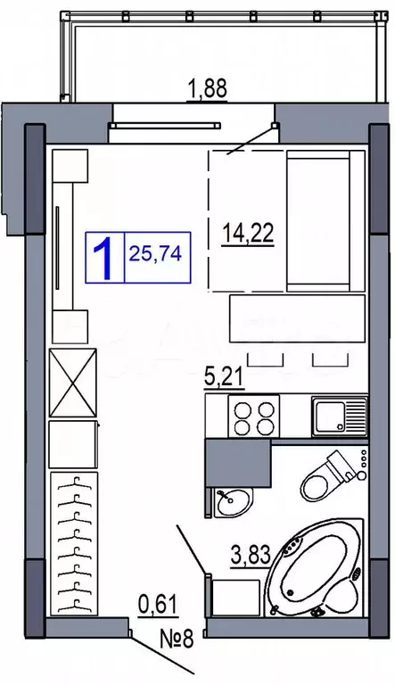 Квартира-студия, 25,7 м, 12/19 эт. - Фото 0