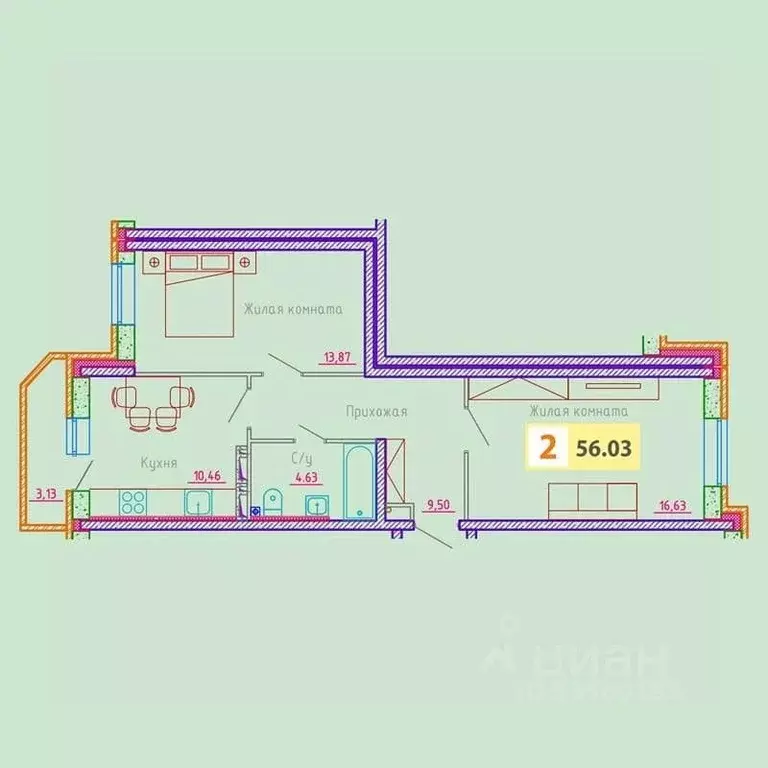 2-к кв. Архангельская область, Архангельск ул. Гайдара, 57к2 (56.03 м) - Фото 0