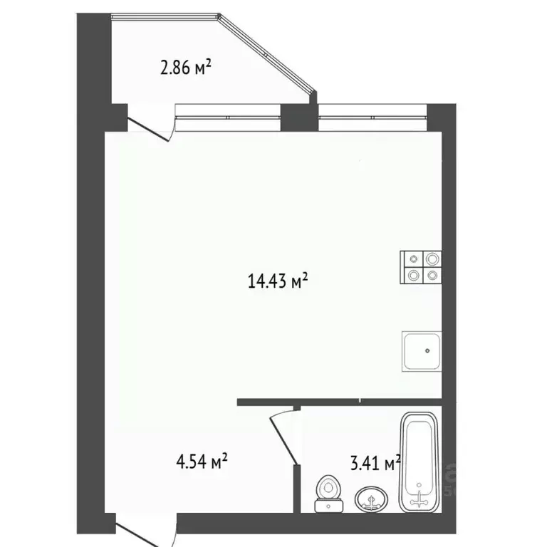 Студия Тюменская область, Тюмень ул. Беляева, 33к2 (27.5 м) - Фото 2